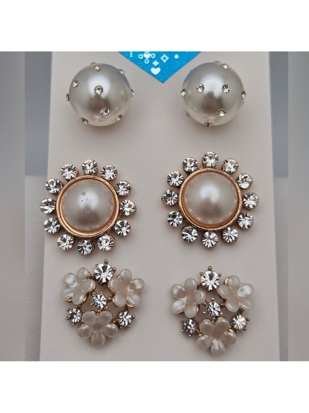 Set of 3 Faux Pearl & Rhinestone Earrings Silver & Gold Tone Vintage Dressy